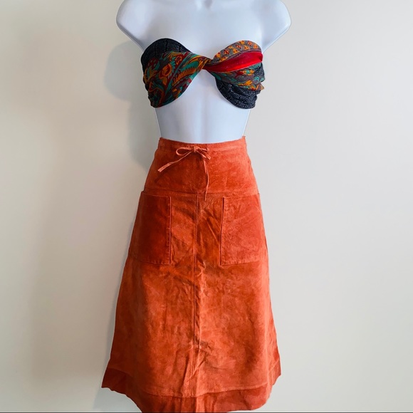 Vintage Rust Genuine Leather Suede A-line Skirt w Front Pockets by Dollhouse S - Picture 11 of 11